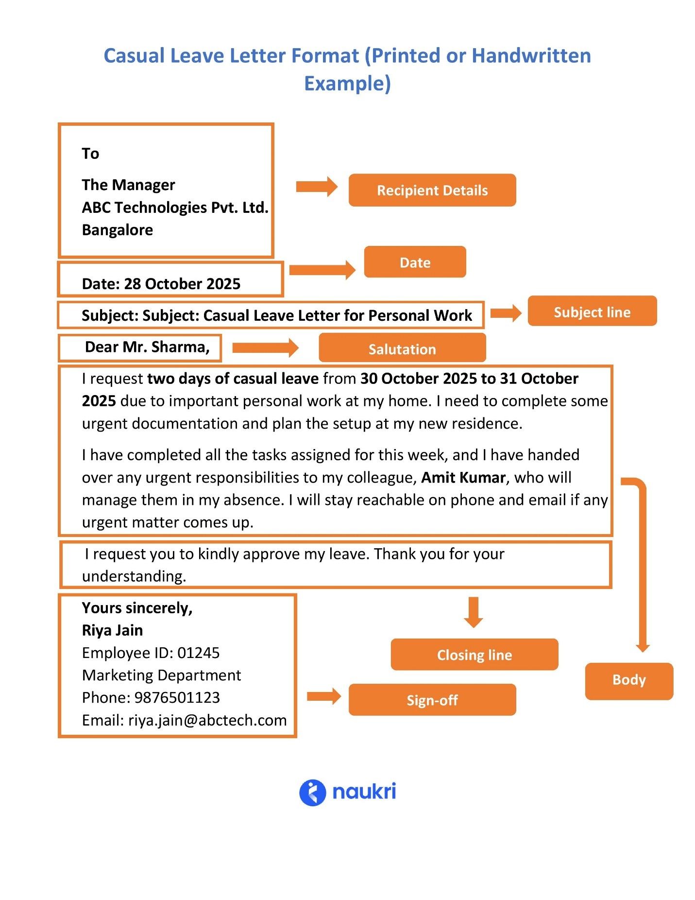 Casual leave letter format
