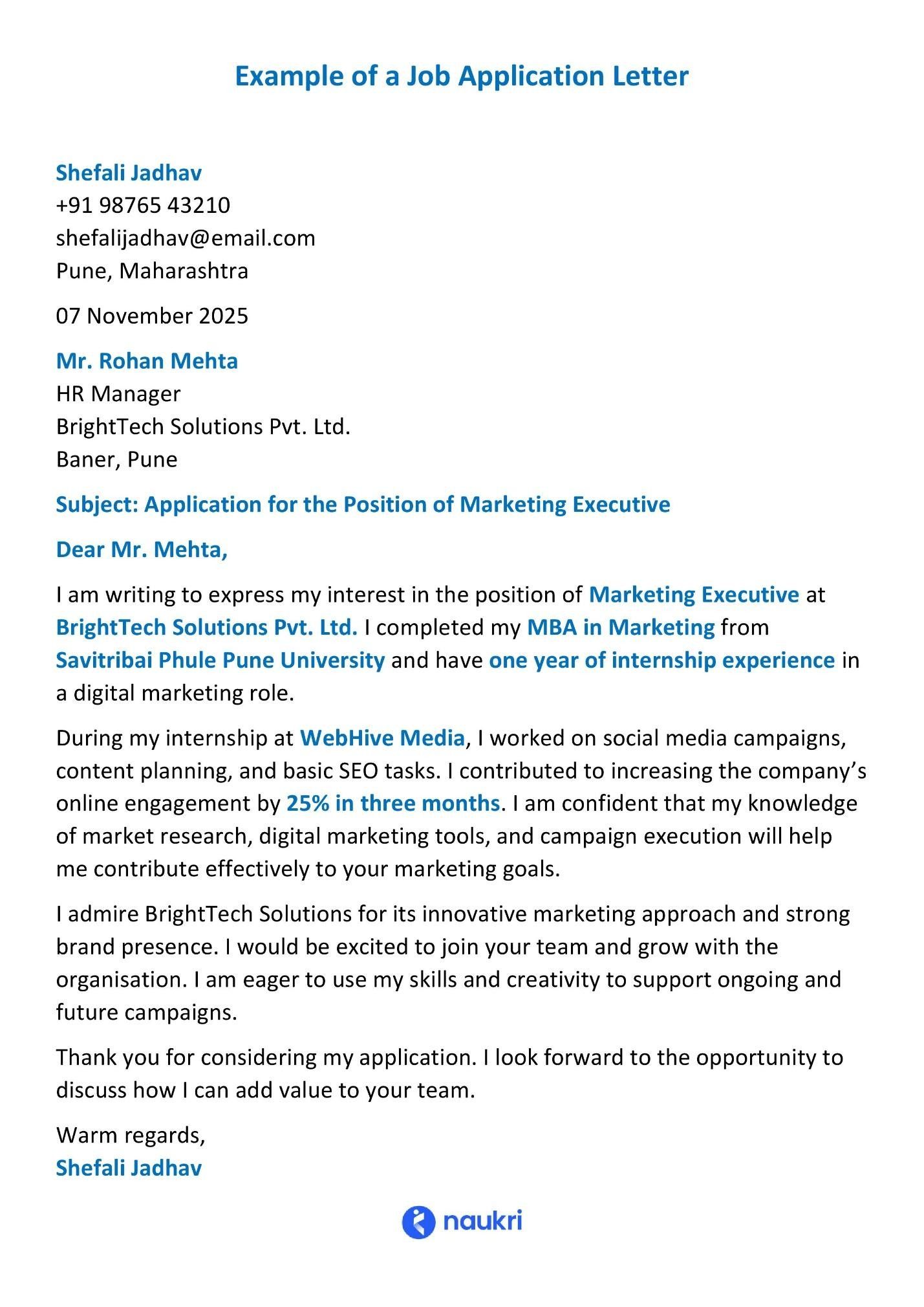 Example of a job application letter - Naukri