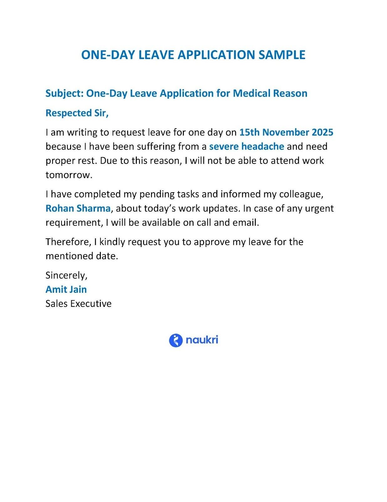 1 day leave application sample