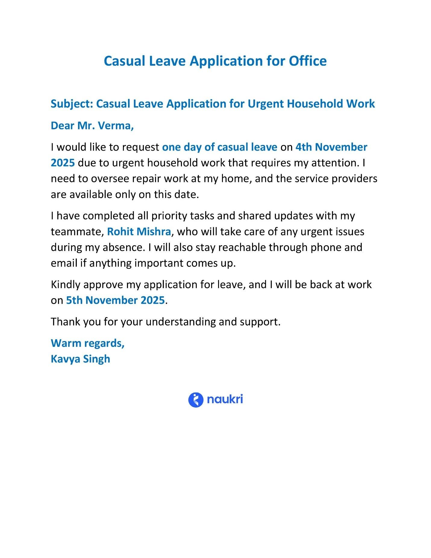 Casual leave application for office include