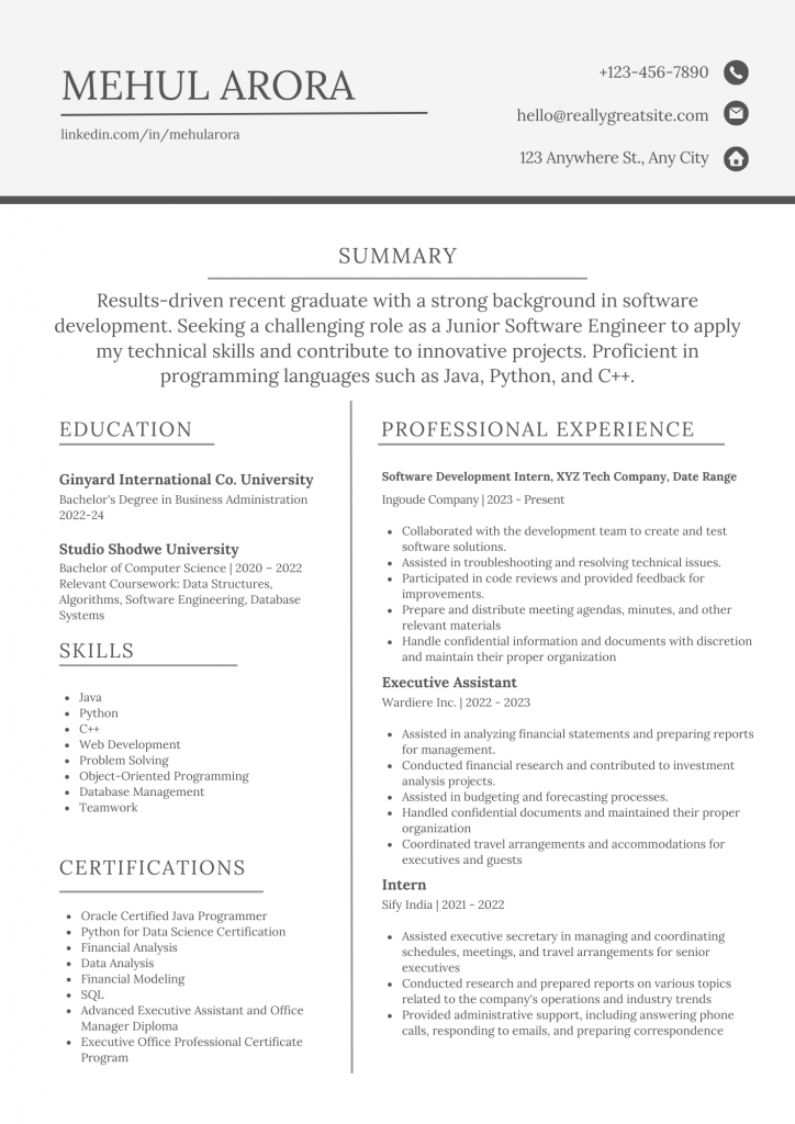 ATS Resume for Fresher