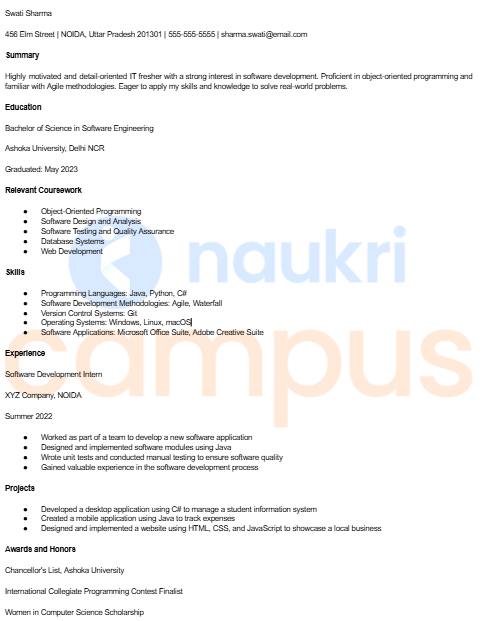 Best Resume For IT Freshers