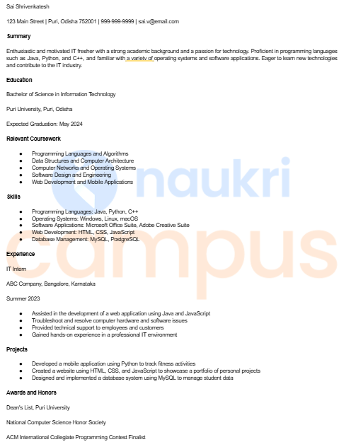 Simple Resume Format for IT Freshers
