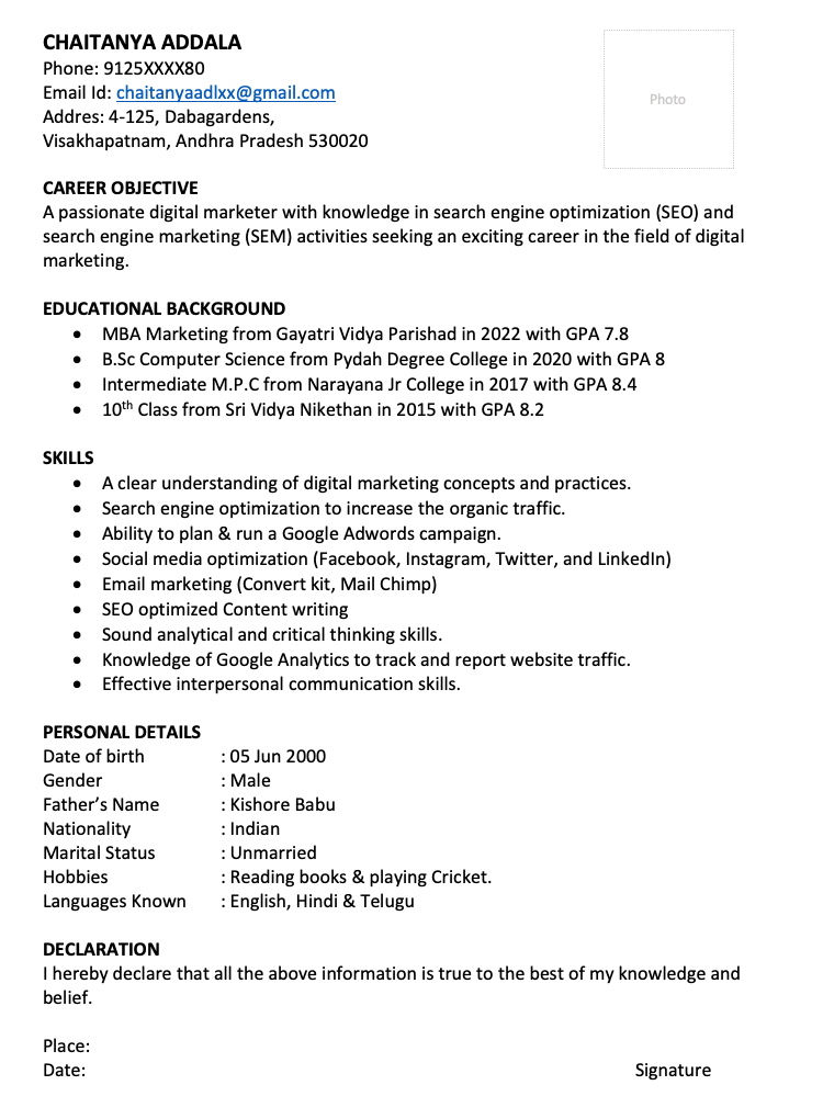 digital marketing cv for freshers