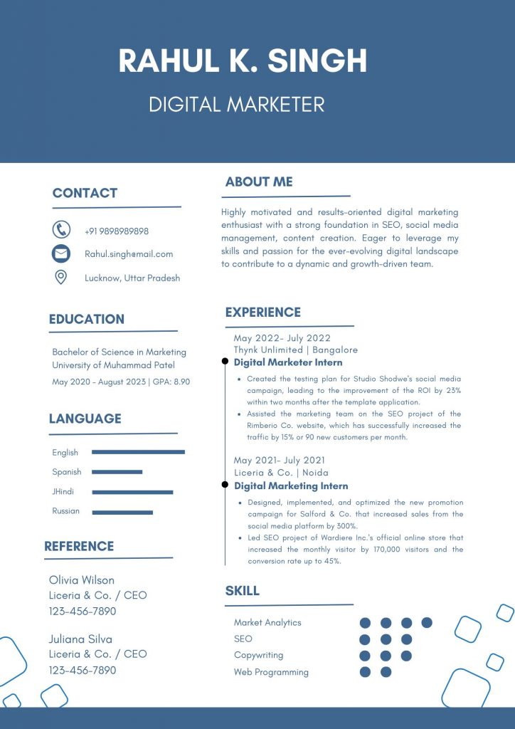 digital marketing resume for fresher