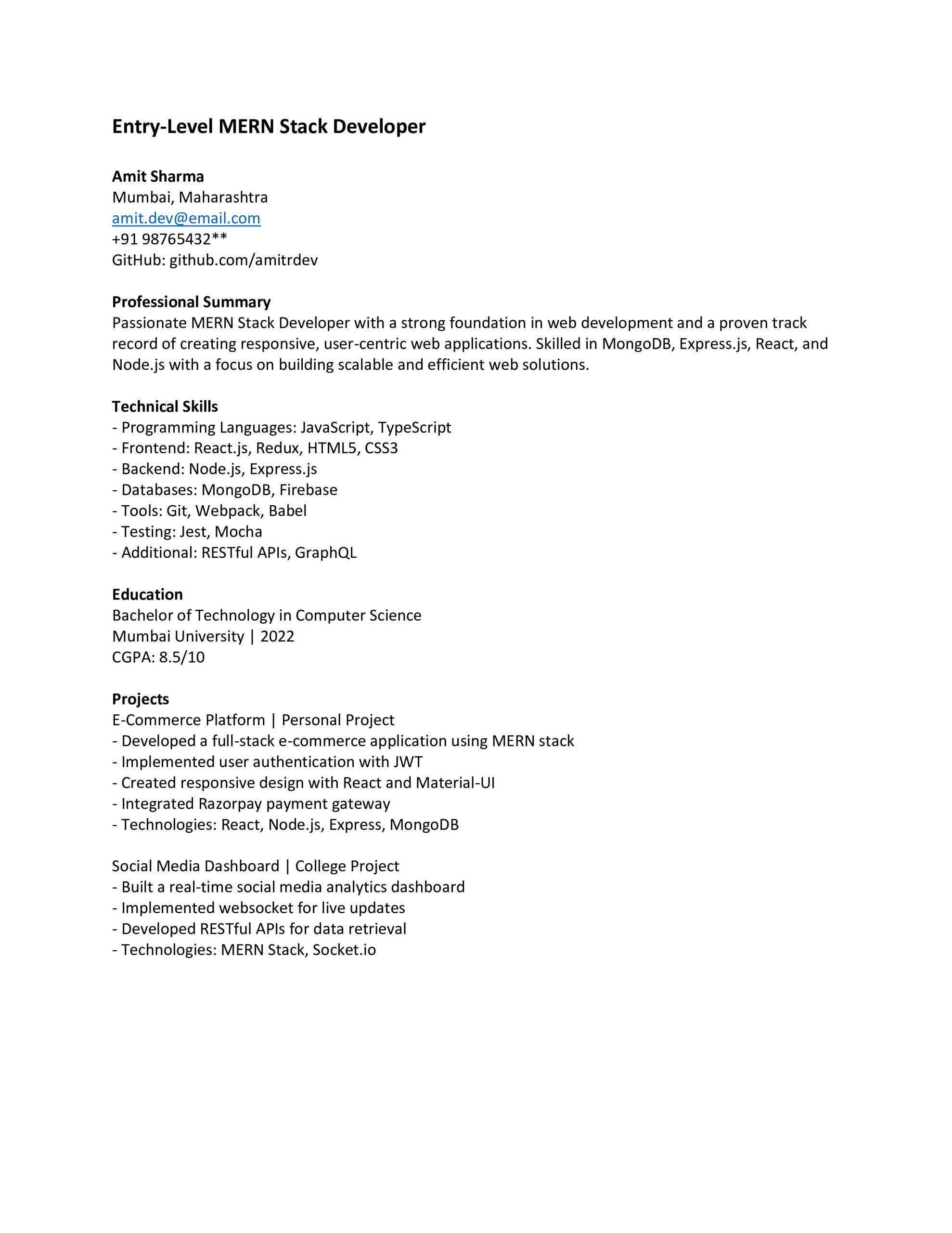 Entry Level MERN Stack Developer Resume