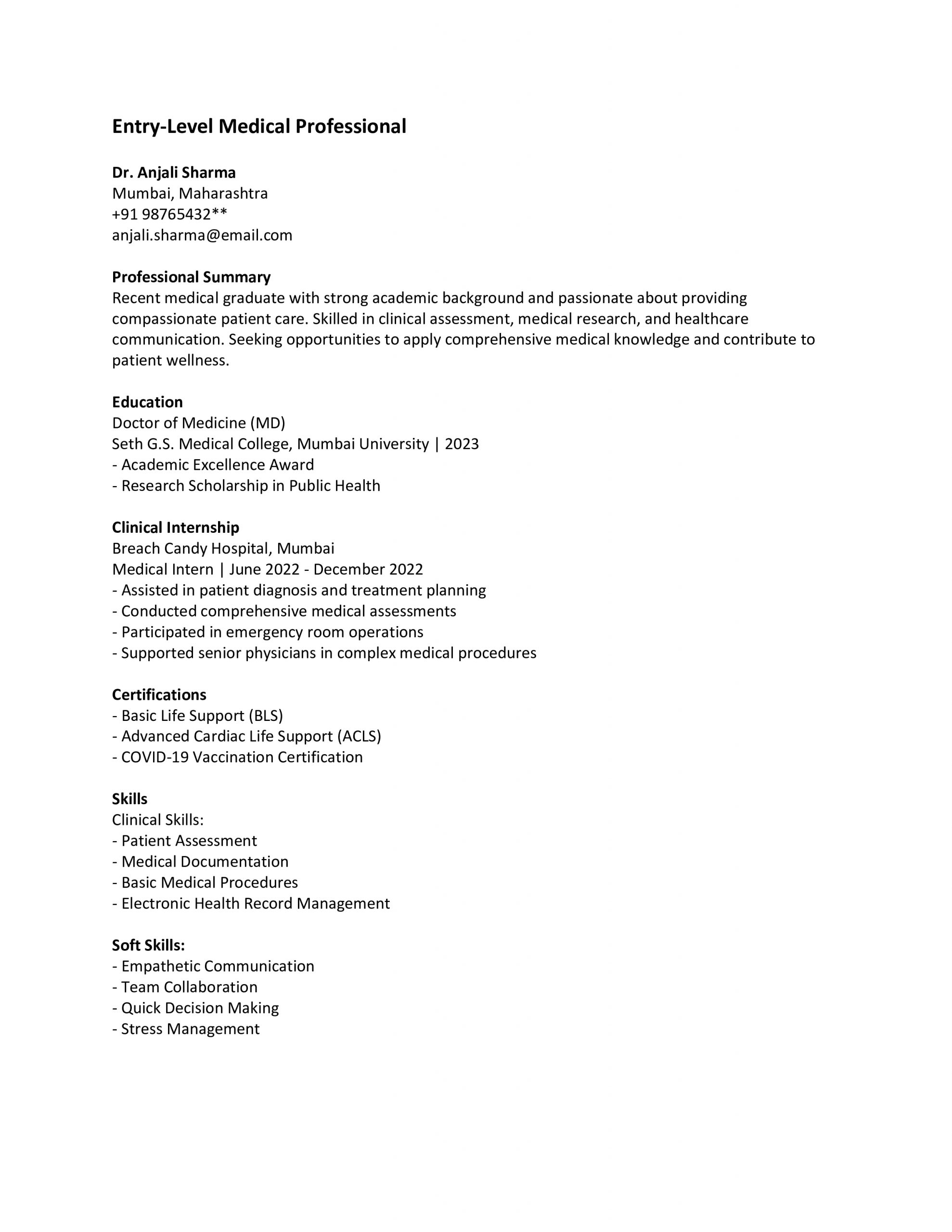 Entry Level Medical Resume