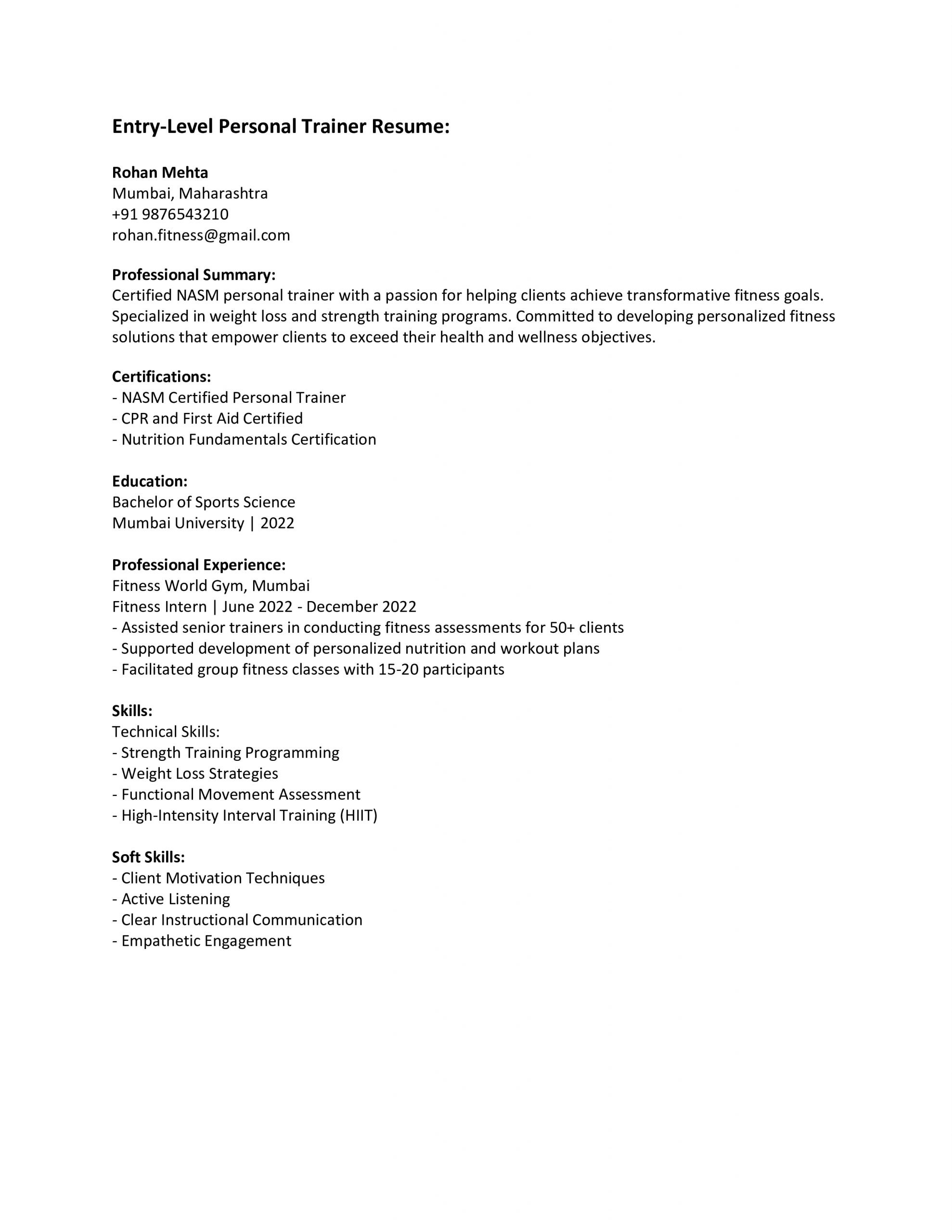 Entry Level Personal Trainer Resume