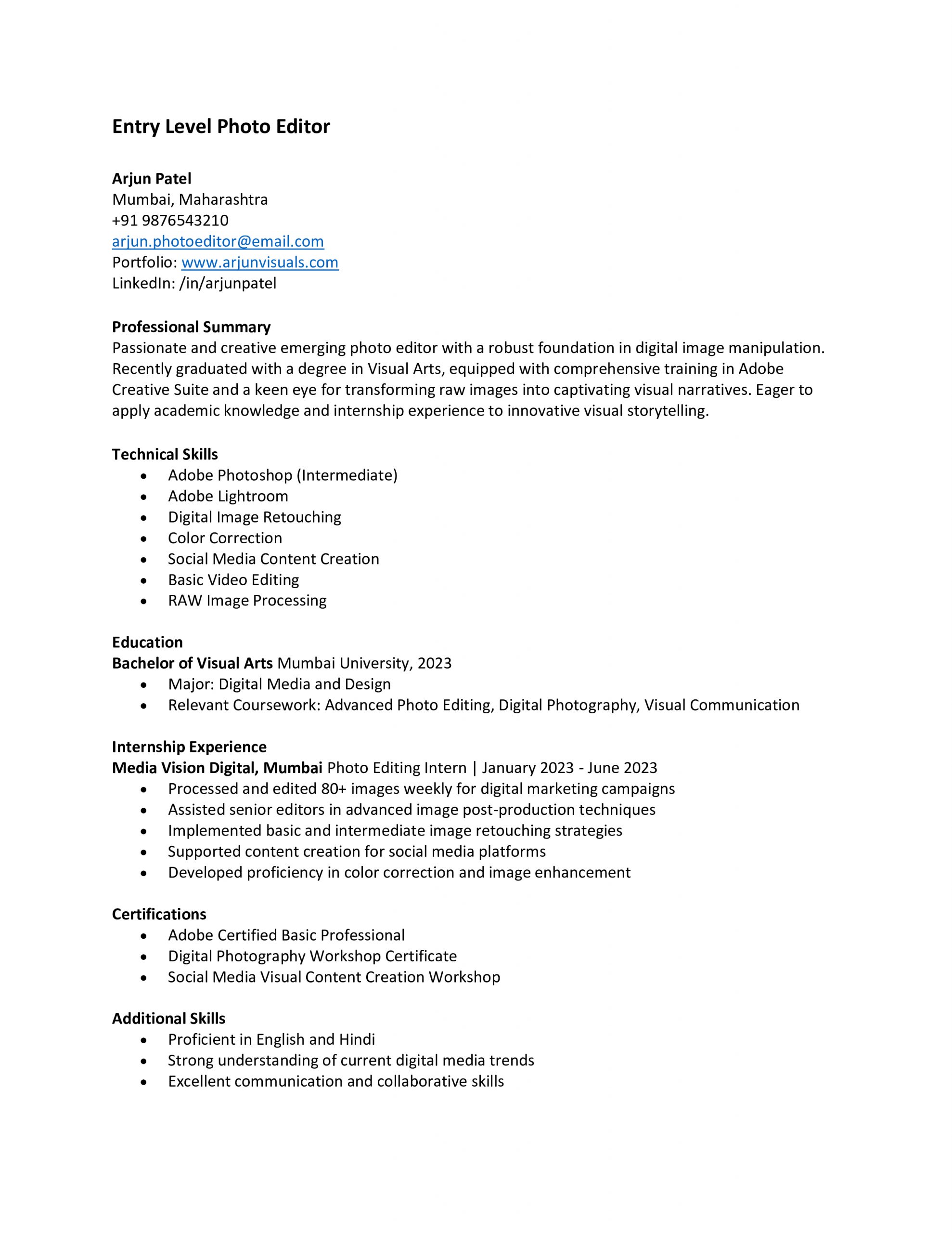 Entry Level Photo Editor Resume