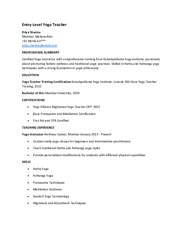 Yoga Teacher Resume