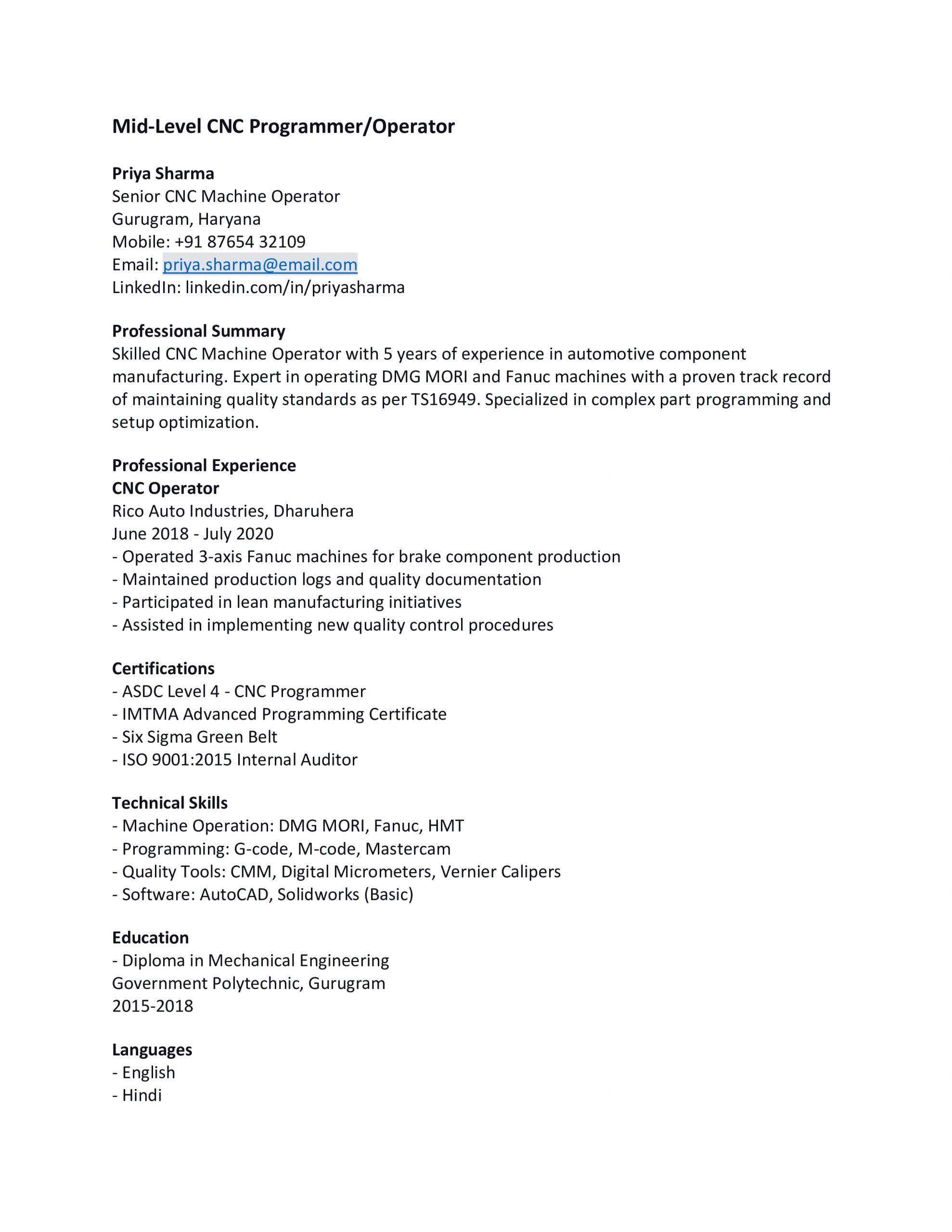Mid Level CNC Operator Resume