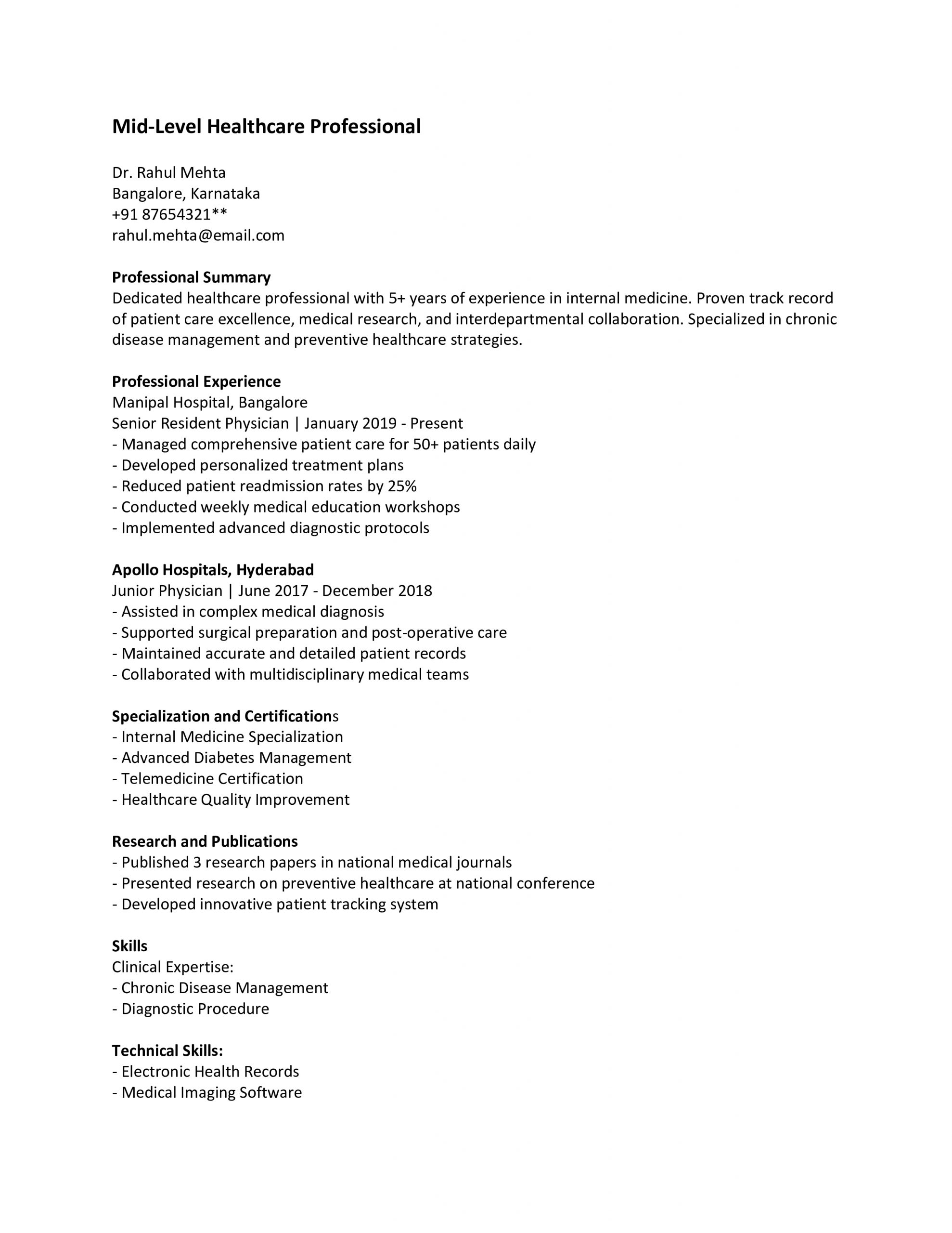 Mid Level Medical Resume
