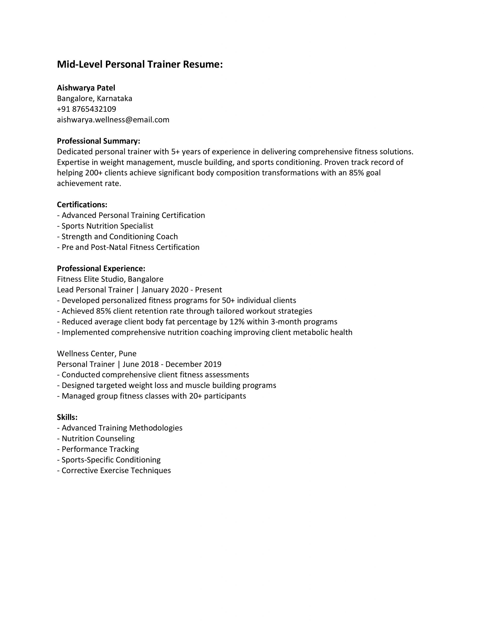 Mid Level Personal Trainer Resume