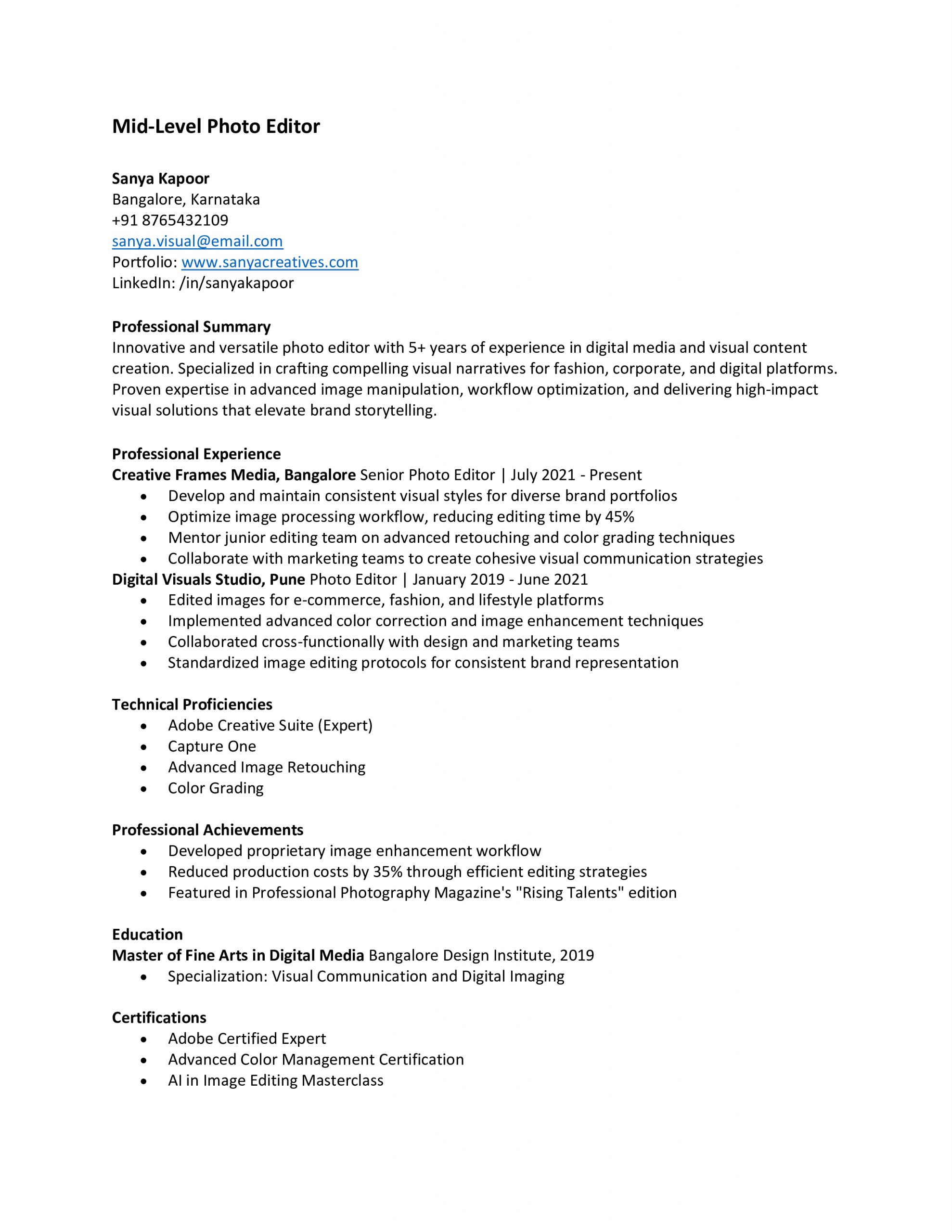 Mid Level Photo Editor Resume