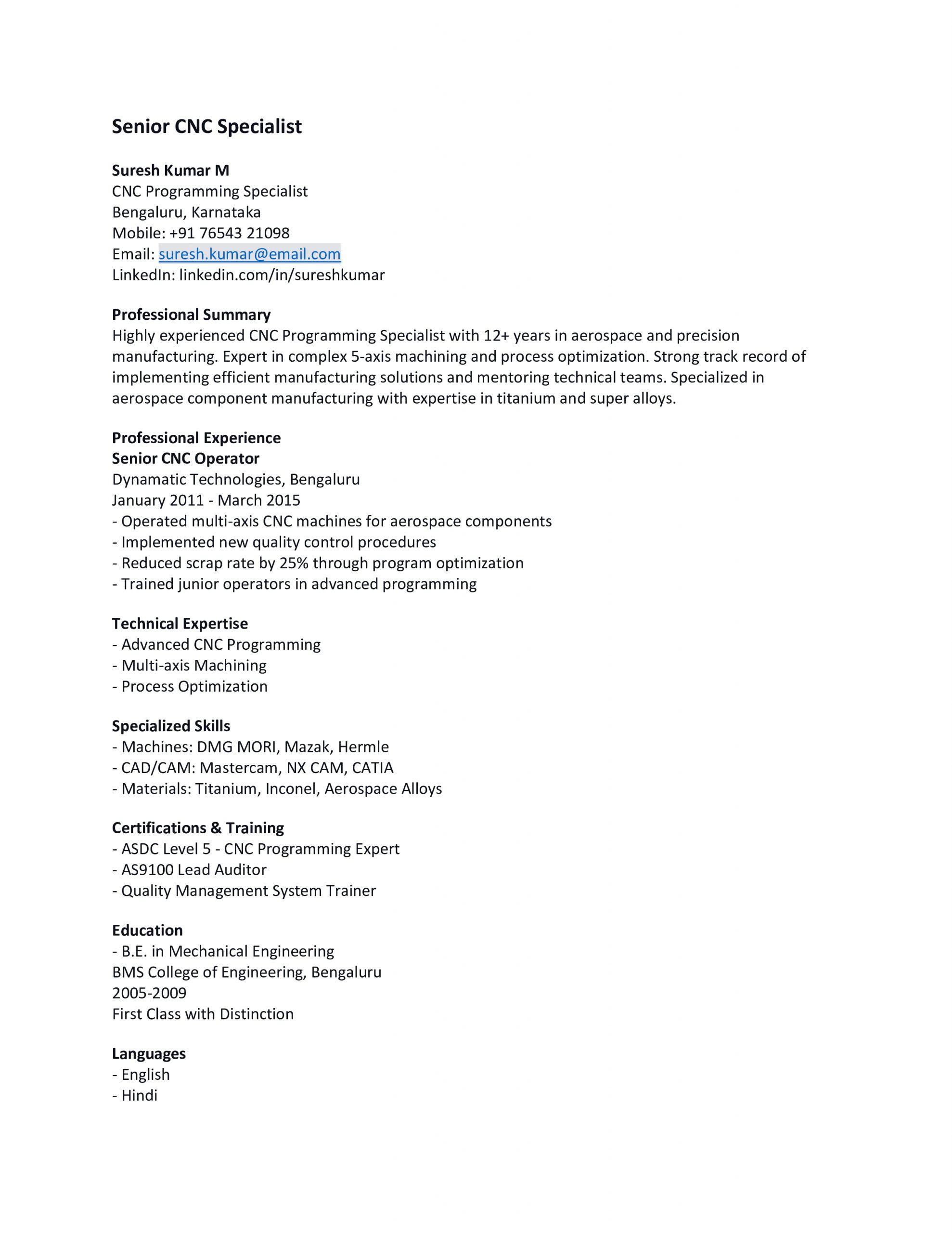 Senior CNC Operator Resume
