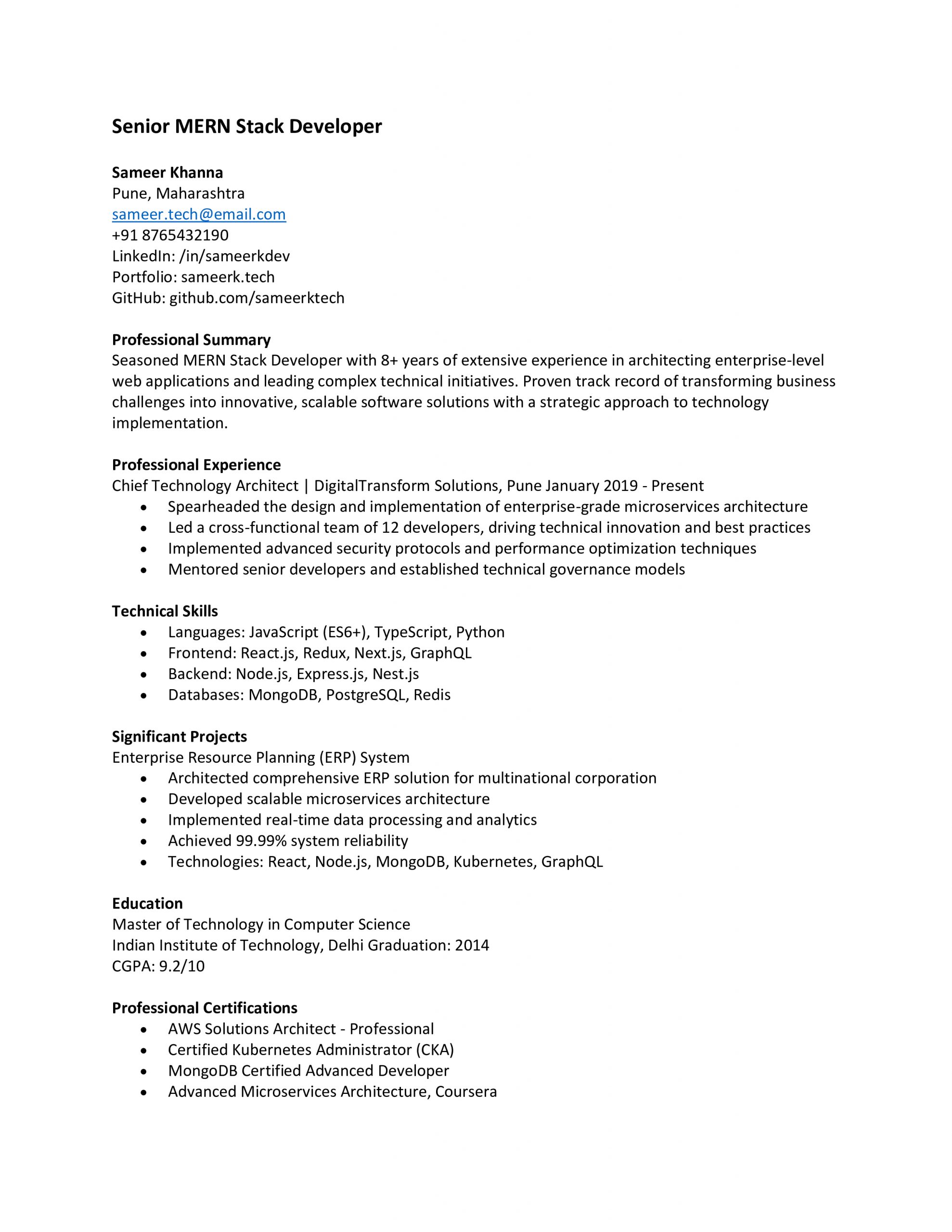 Senior MERN Stack Developer Resume