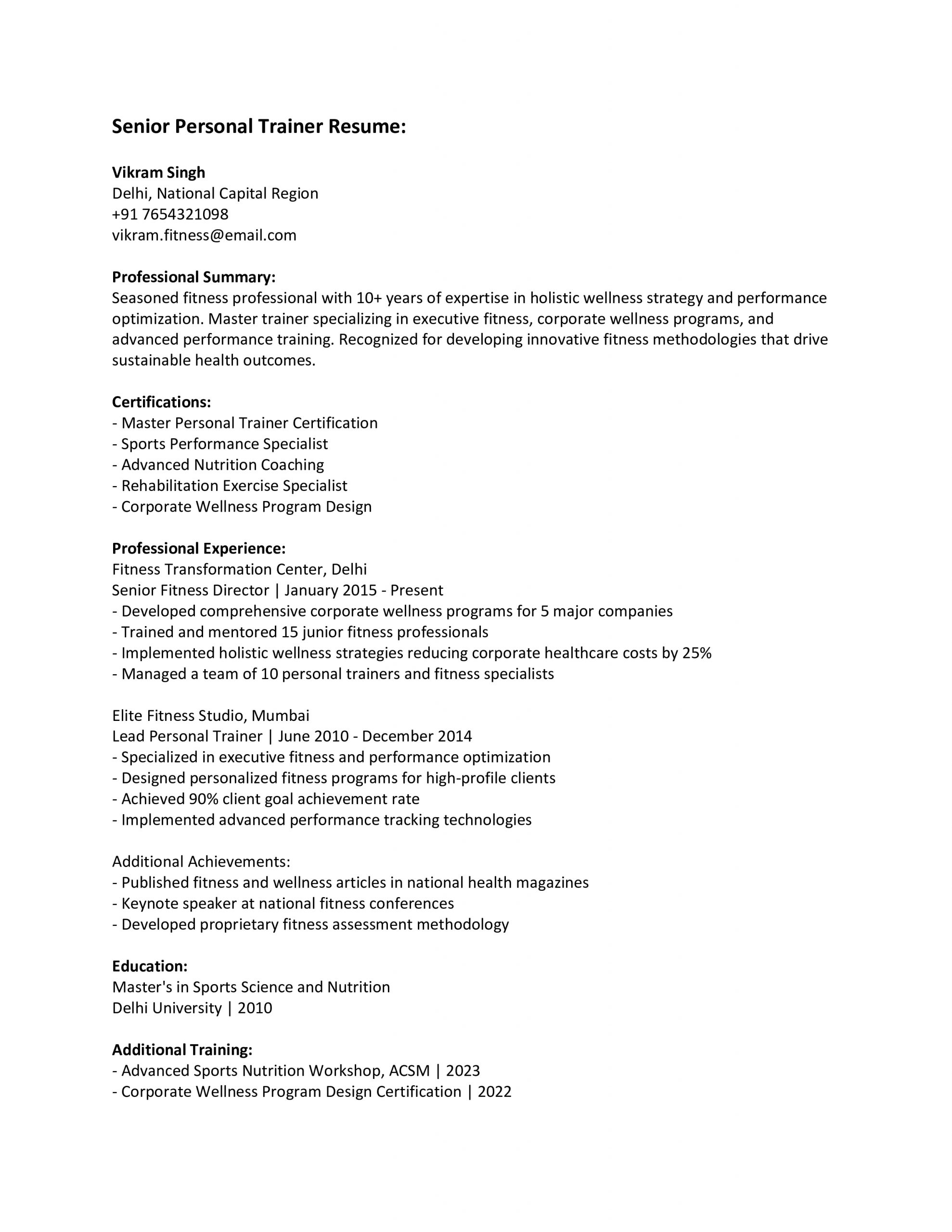 Senior Personal Trainer Resume