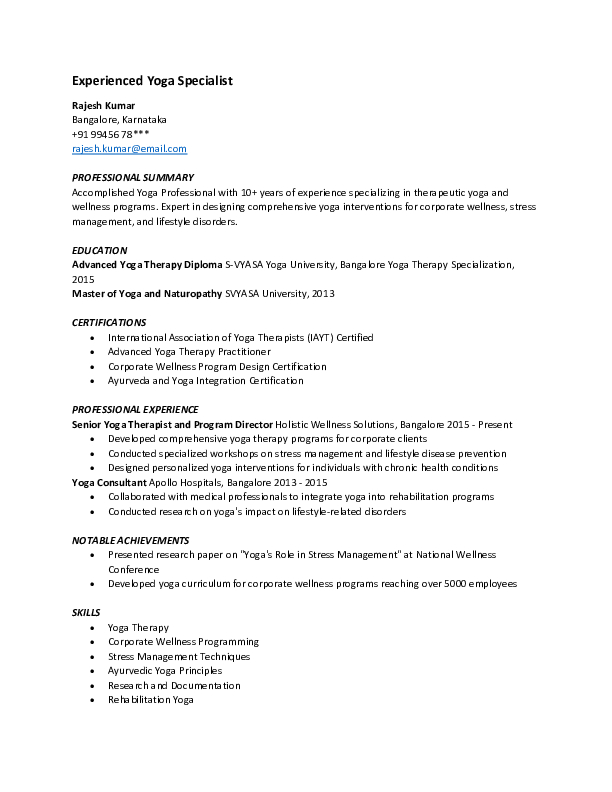 Yoga Instructor Resume