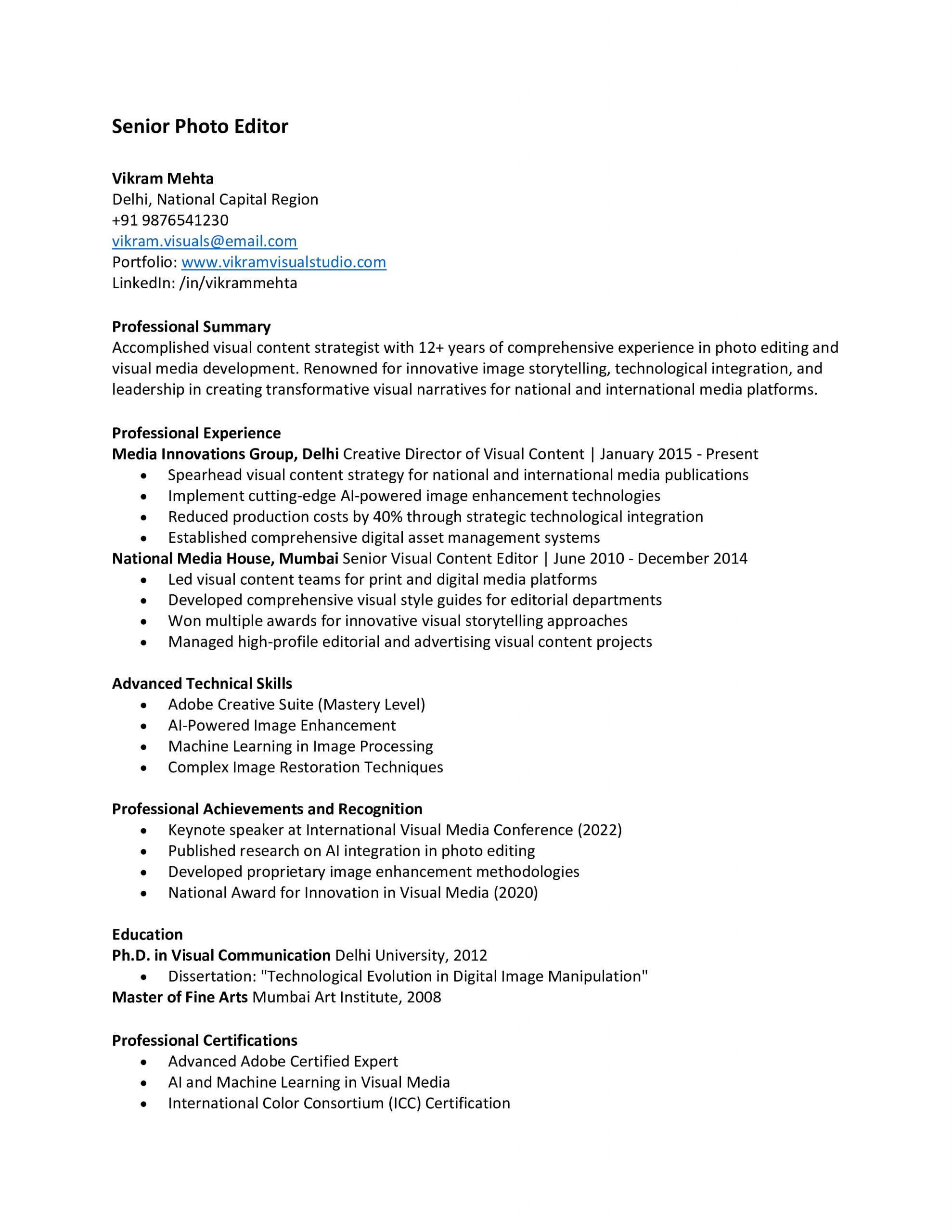 Senior Photo Editor Resume