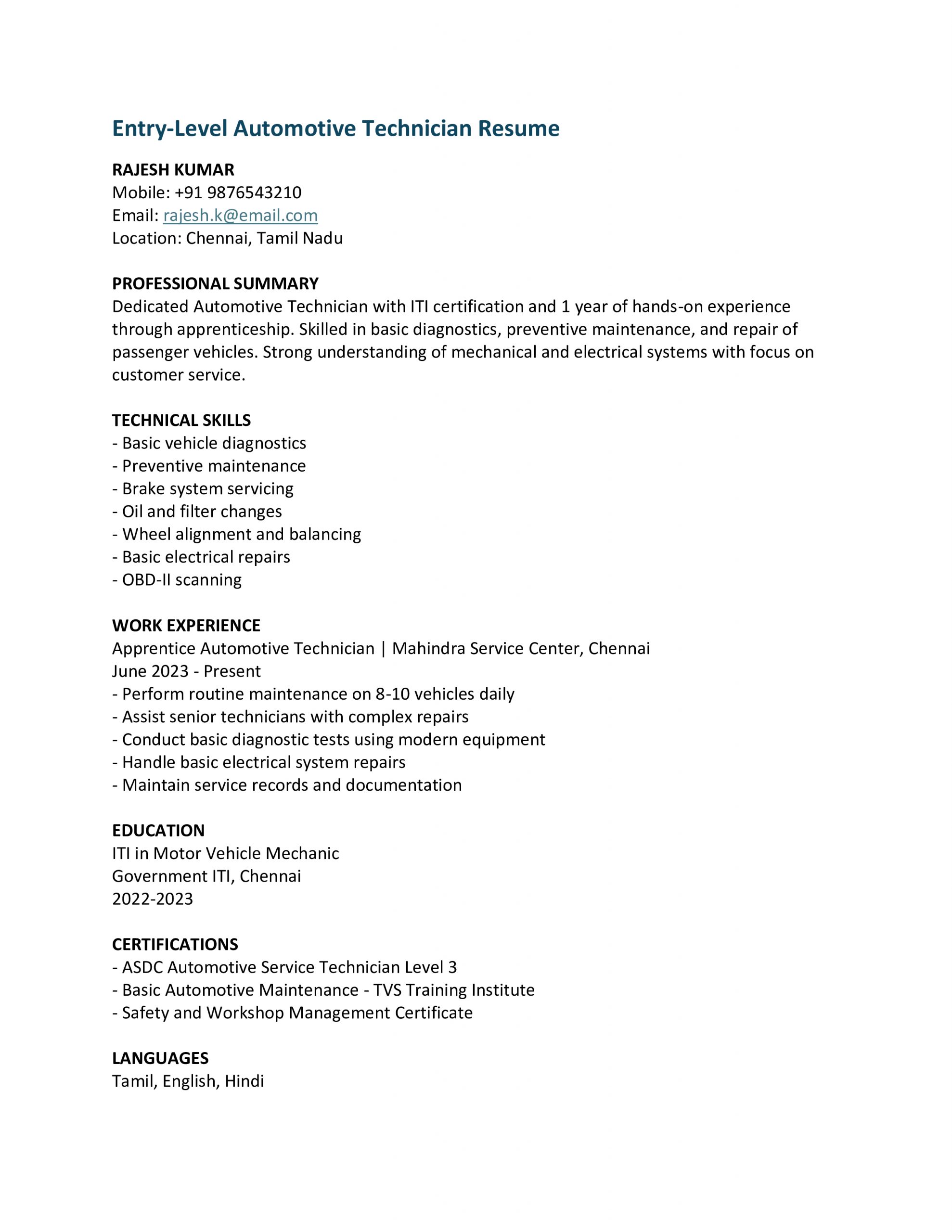 Entry Level Automotive Technician Resume
