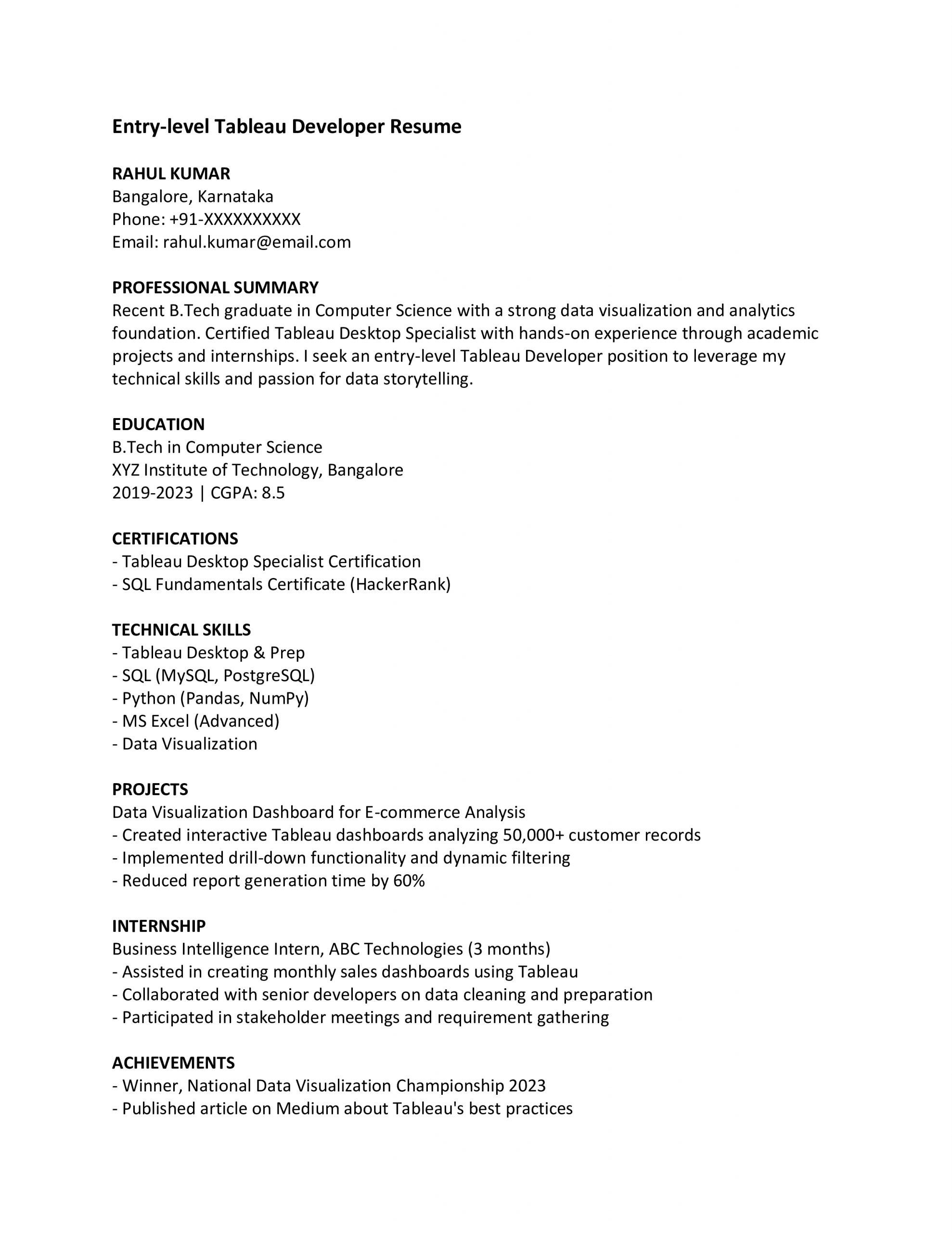 Entry Level Tableau Developer Resume