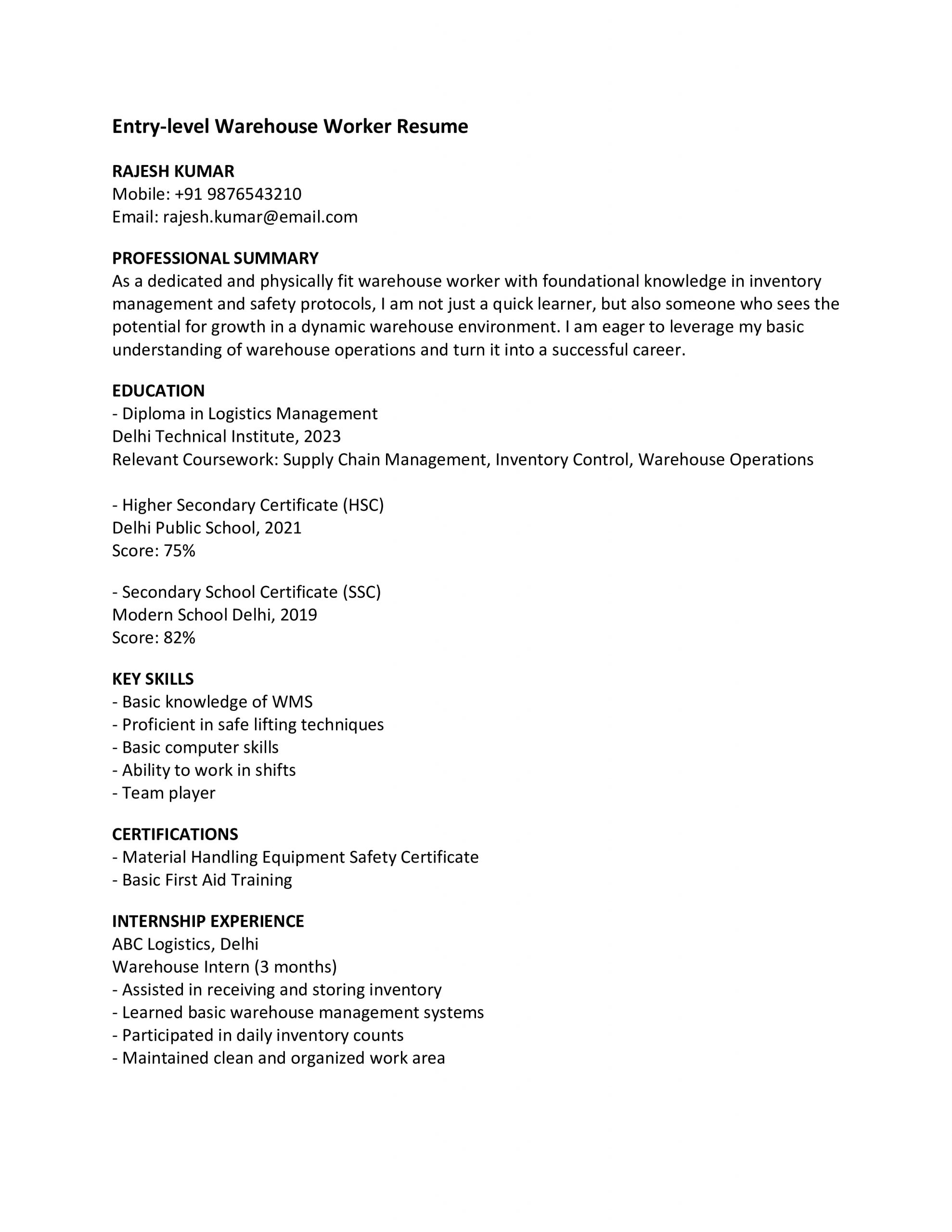 Entry Level Warehouse Worker Resume