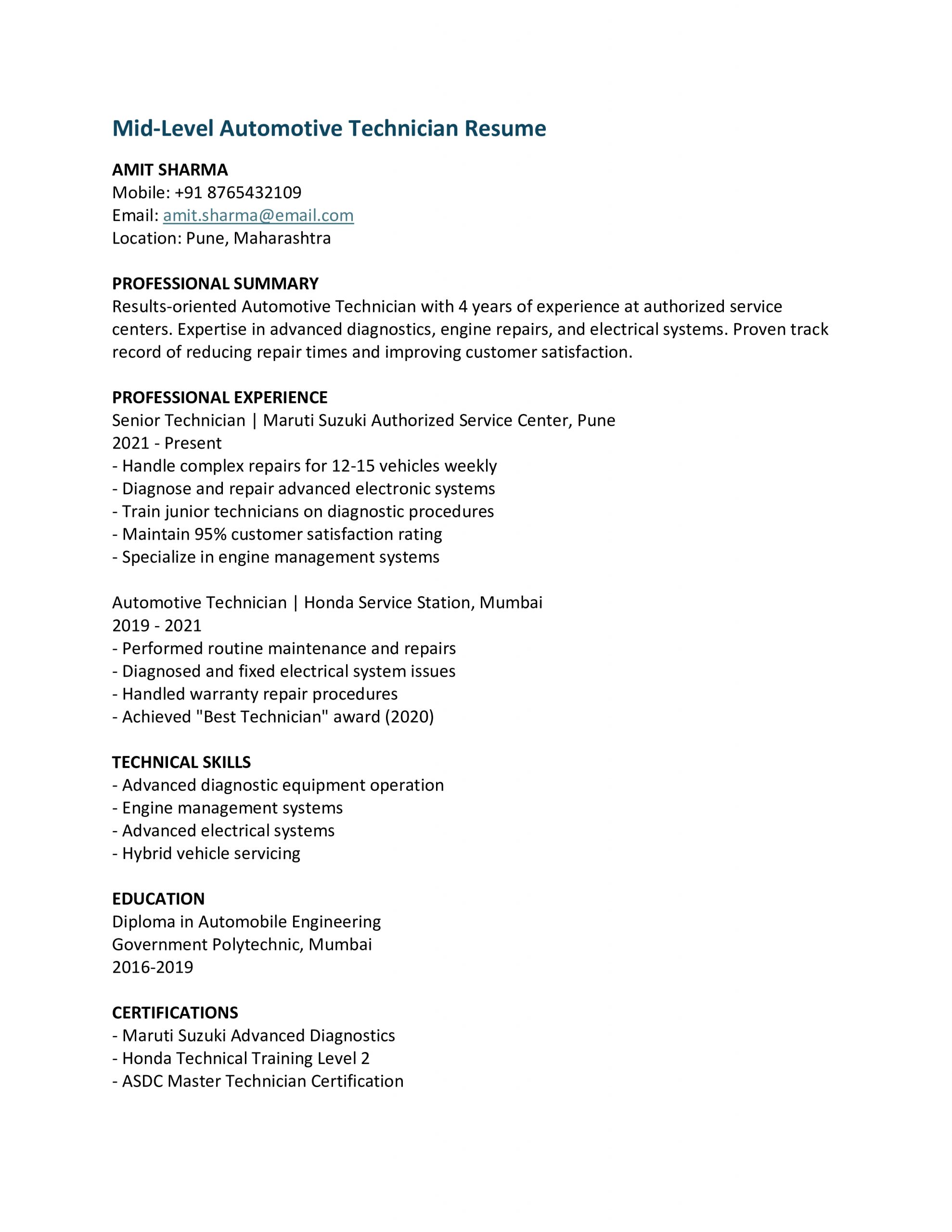 Mid Level Automotive Technician Resume
