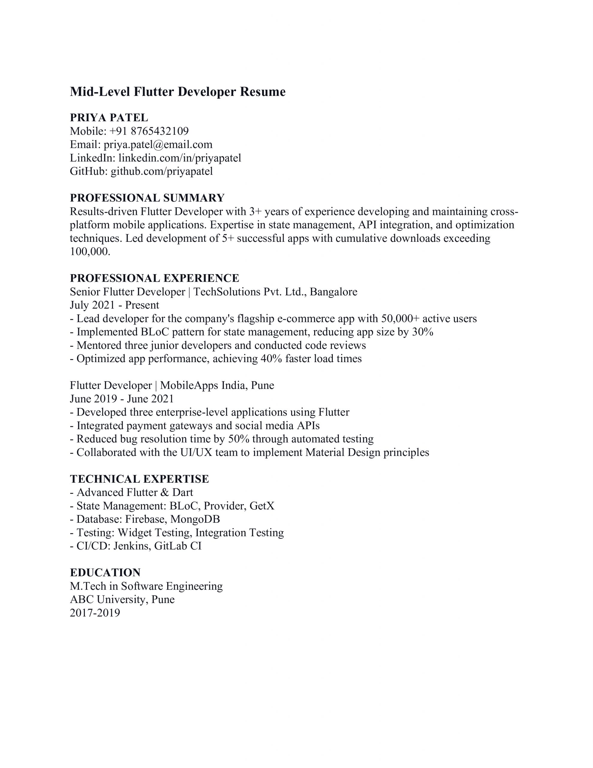 Mid Level Flutter Developer Resume