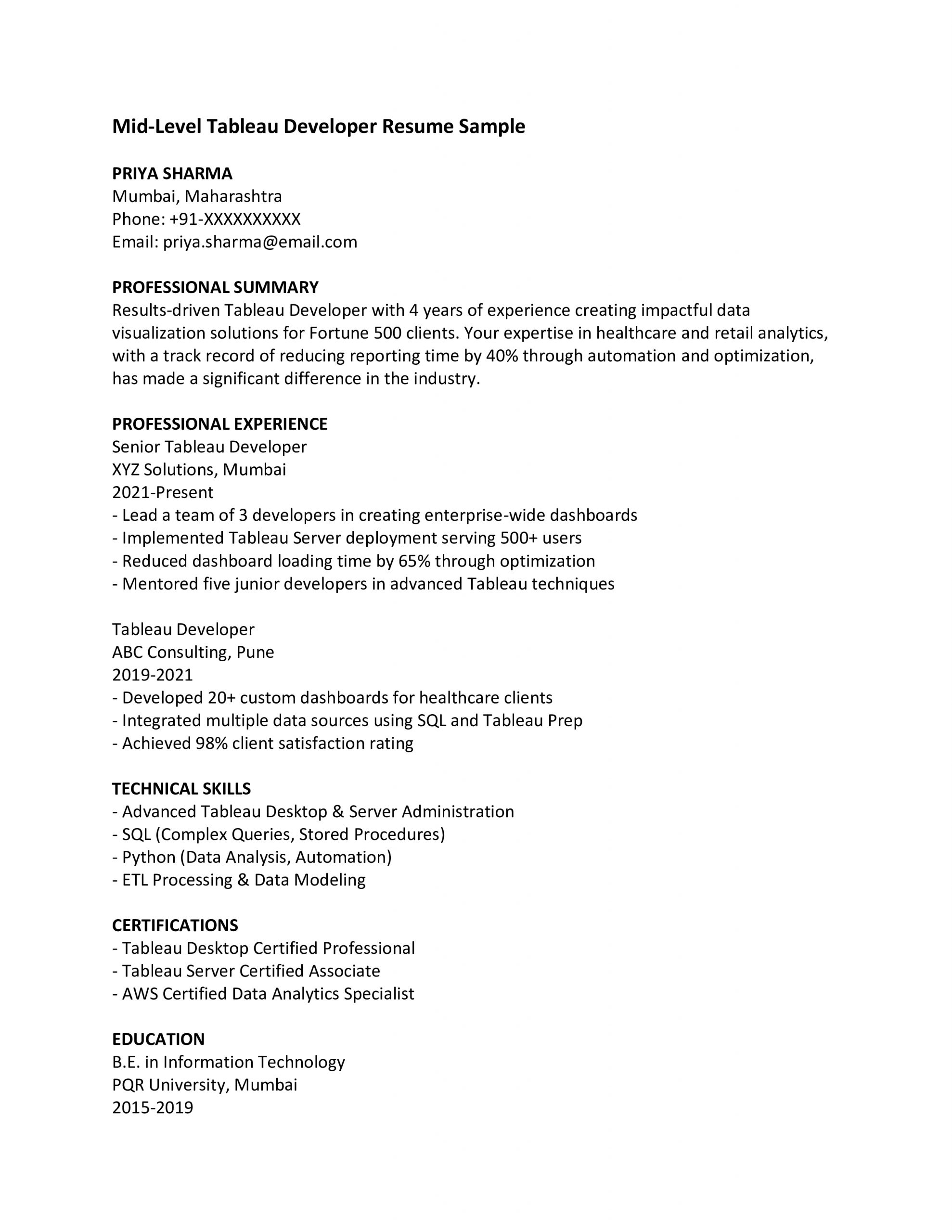 Mid Level Tableau Developer Resume