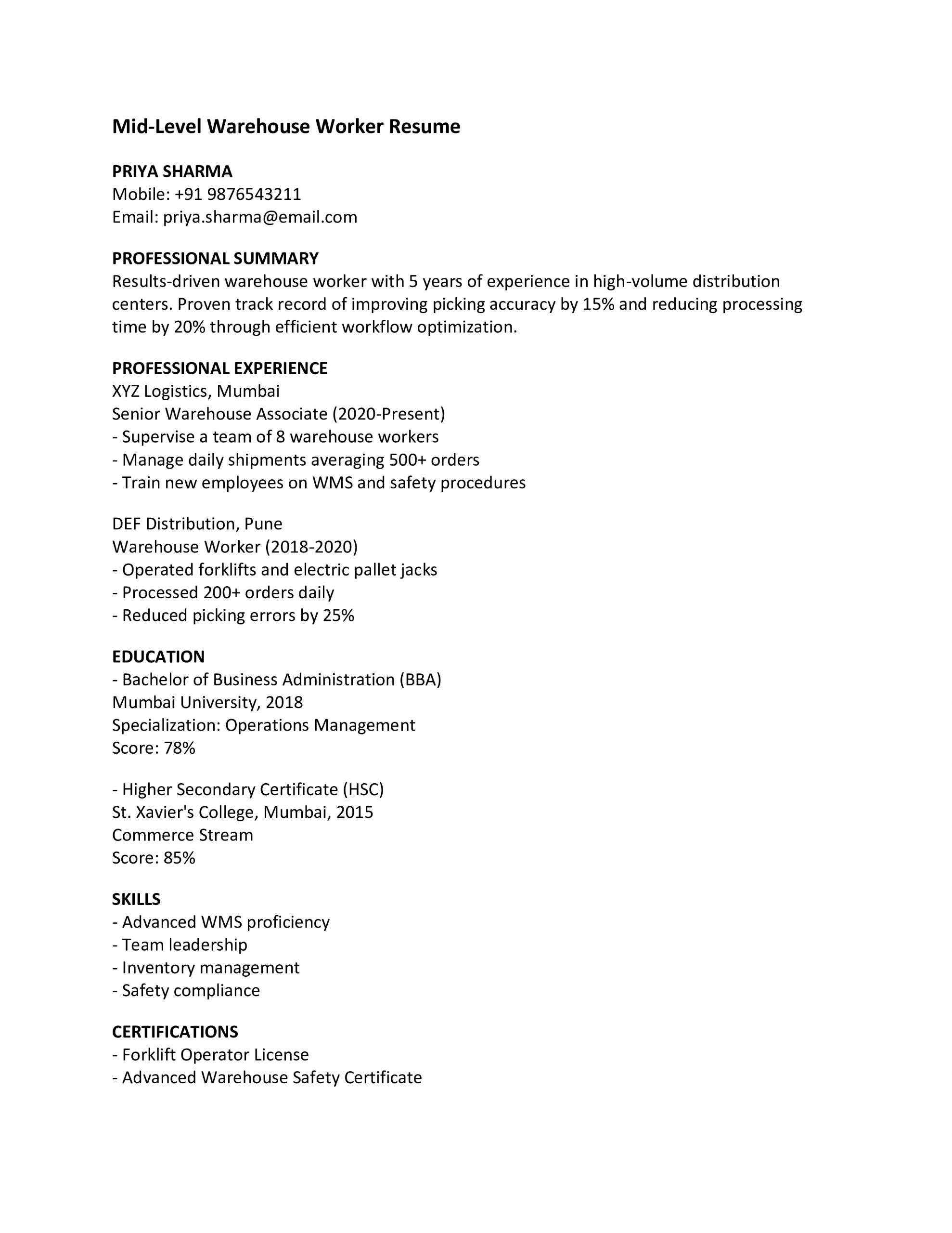 Mid Level Warehouse Worker Resume