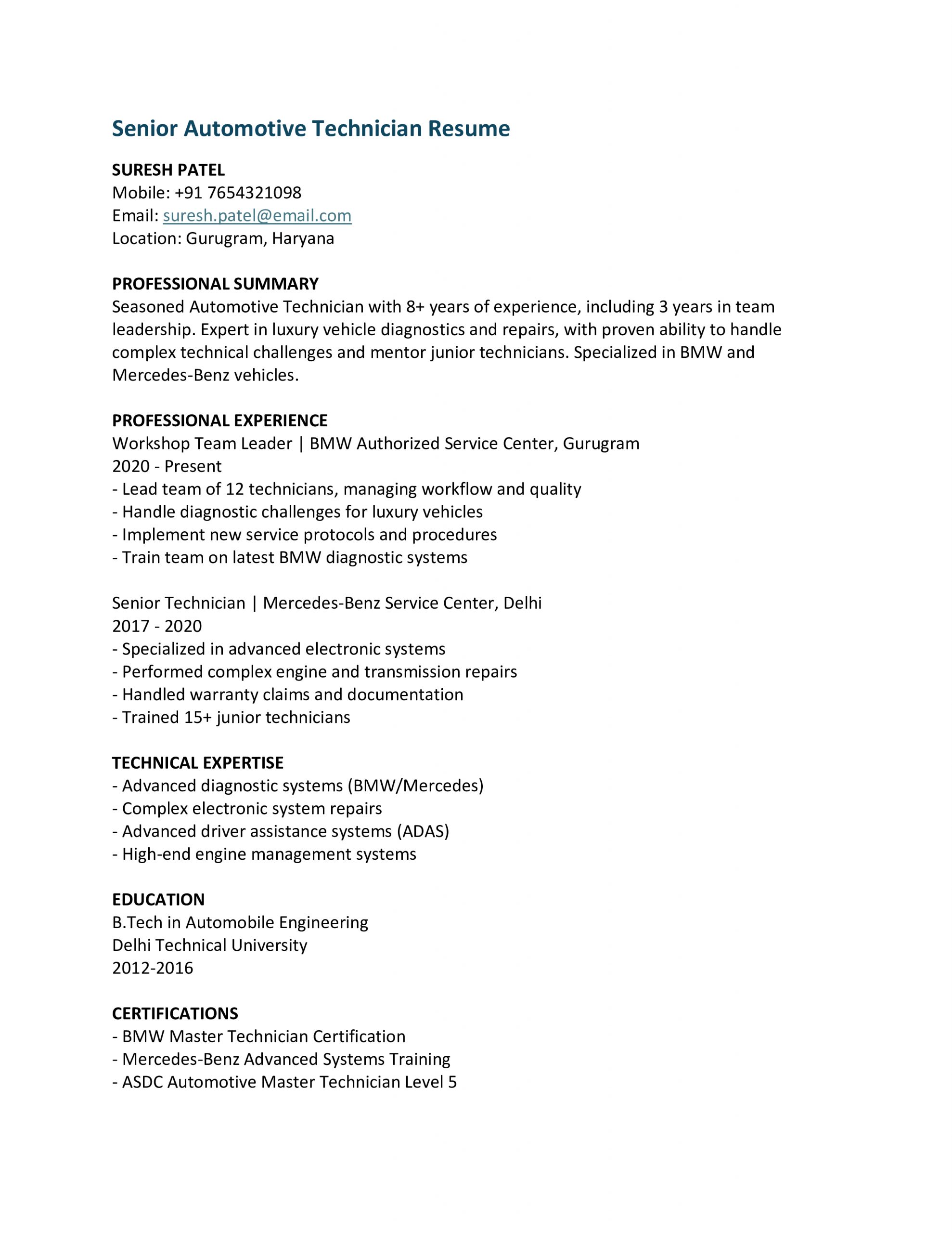 Senior Automotive Technician Resume