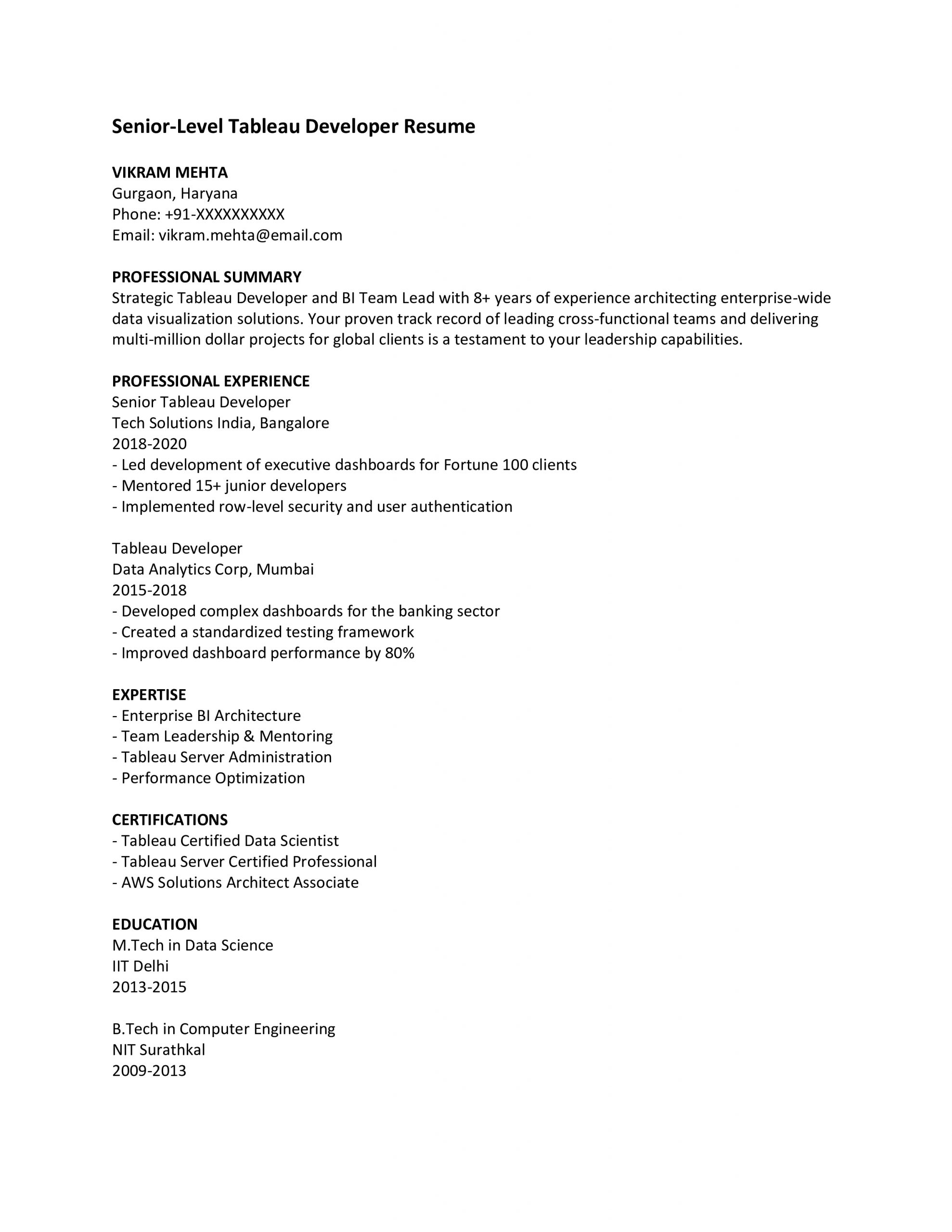 Senior Level Tableau Developer Resume