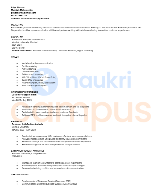 Example Customer Service Resume