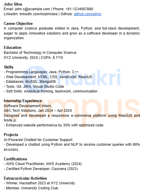 CV for IT Freshers