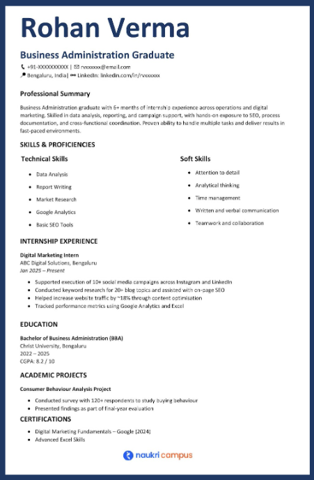 business admin resume