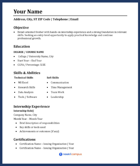 Freshers with Internship Experience resume