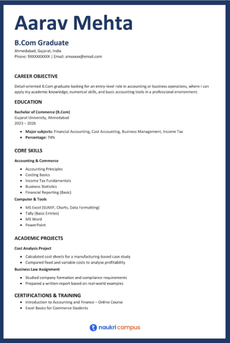 fresher bcom resume