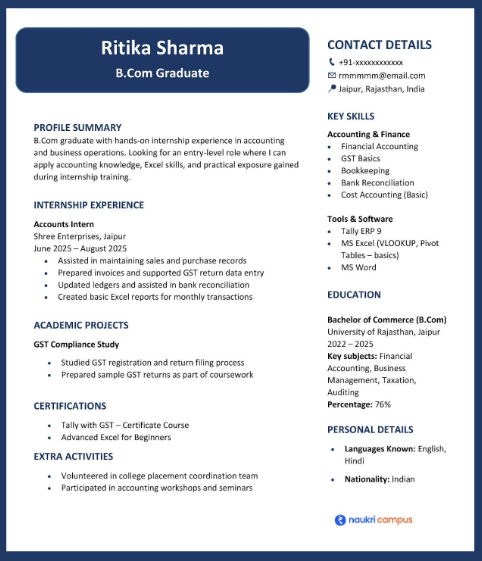 BCom Fresher Resume Sample