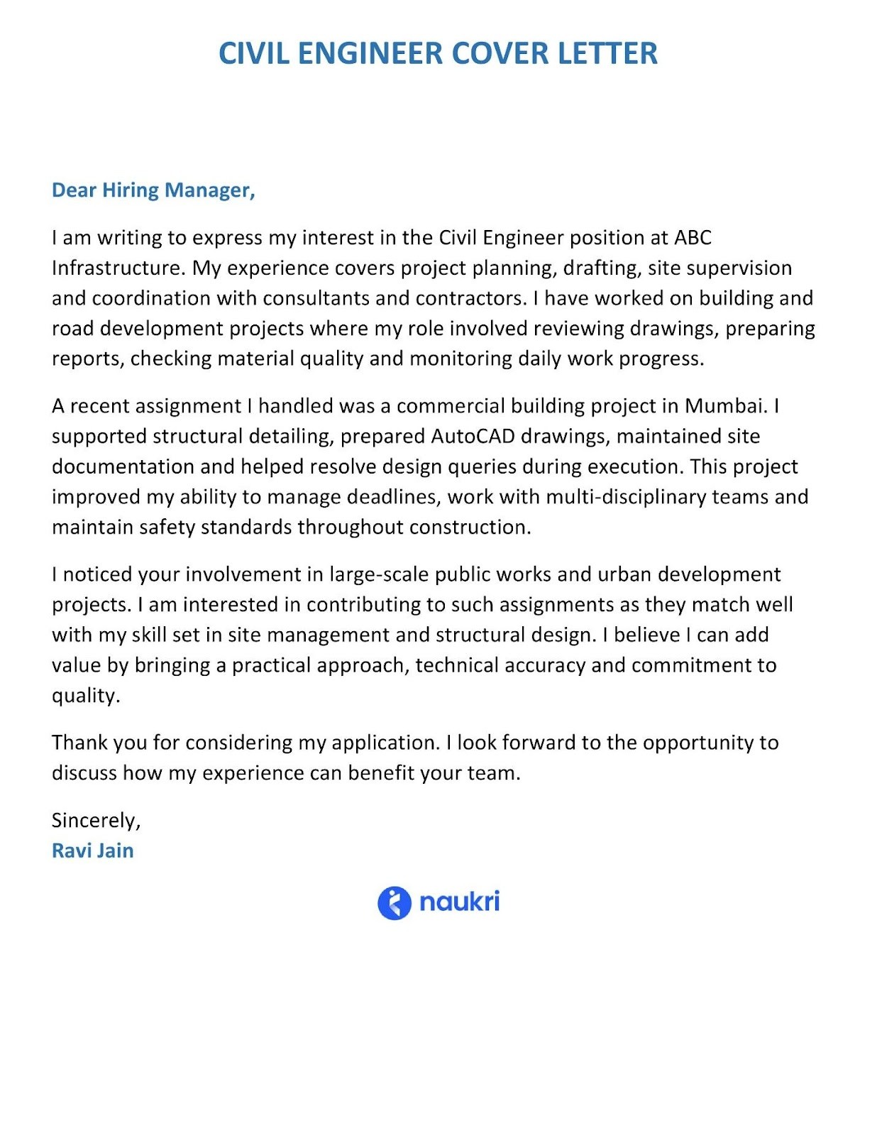 Civil engineer cover letter sample
