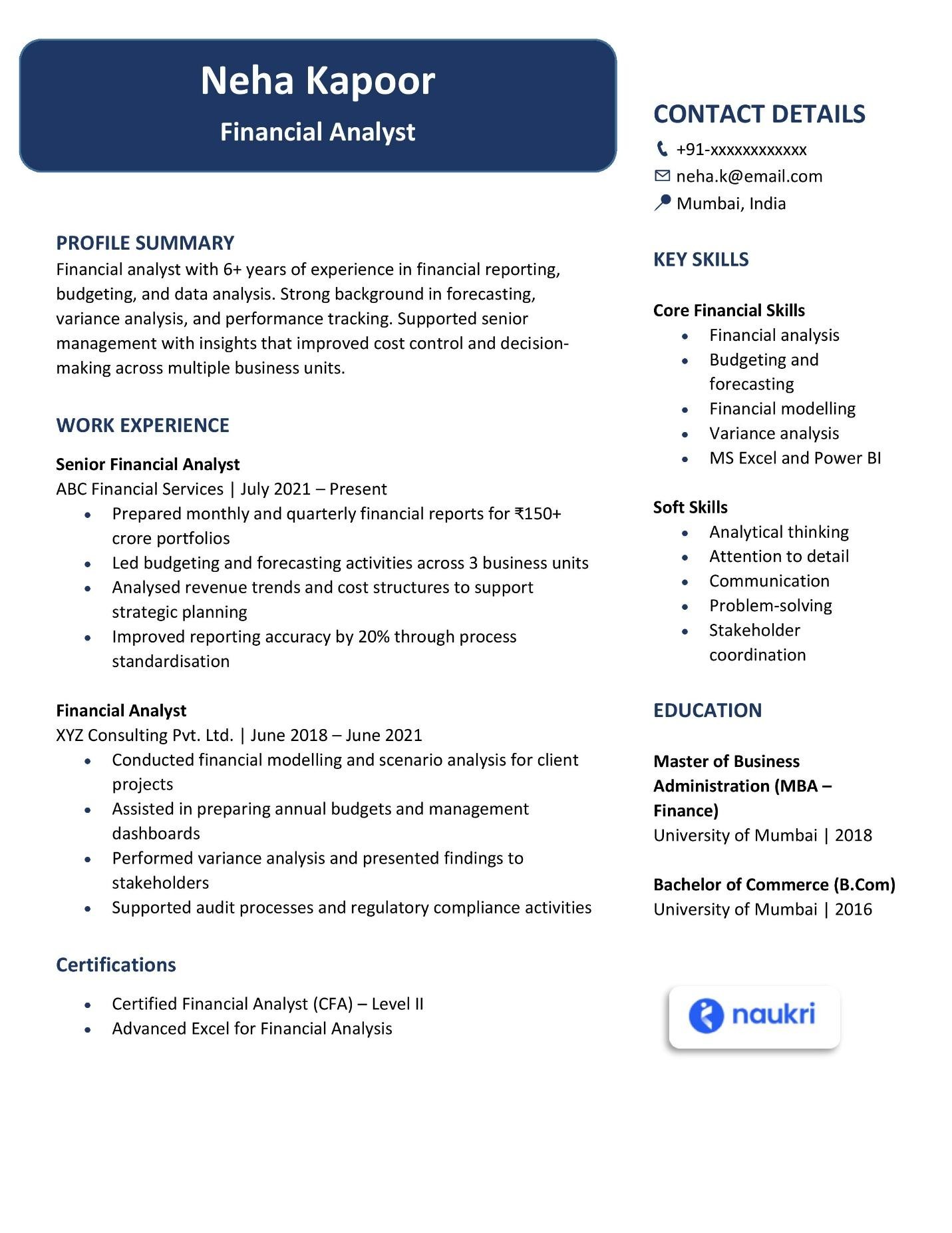 Professional Resume Sample for experienced