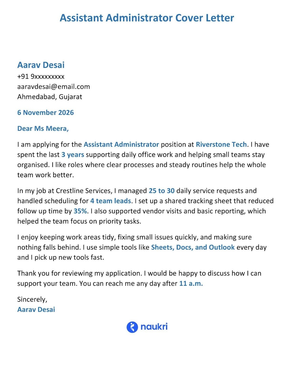 Administrator Assistant Cover Letter Example