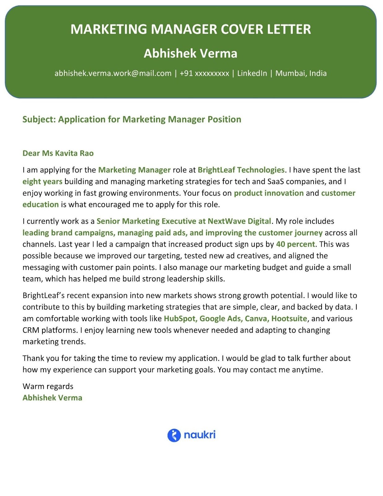 cover letter example of Marketing manager 