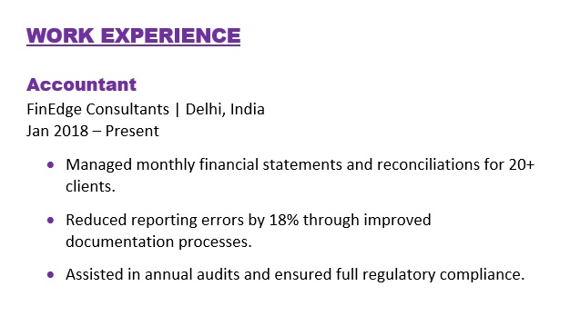 Work Experience Example for Accountant