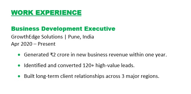 Work Experience Example for Business Development Executive
