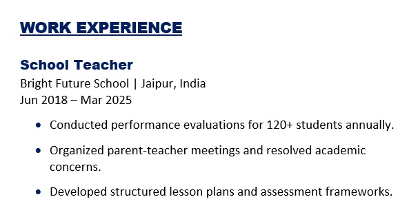 Work Experience Example for Career change