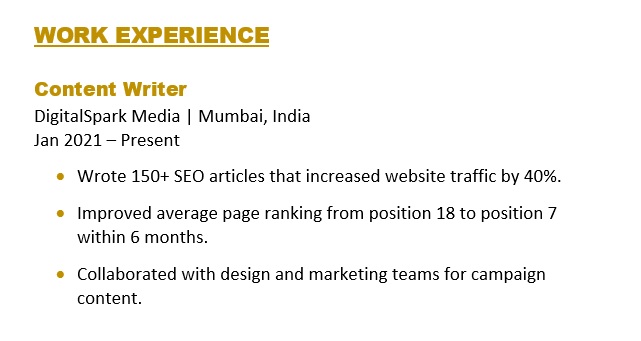 Work Experience Example for Content Writer