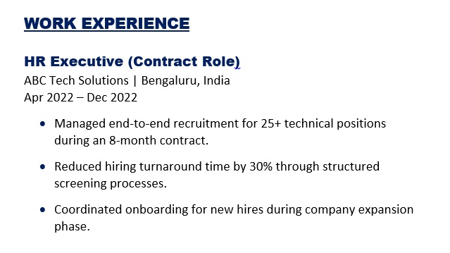 Work Experience Example for Contract workers