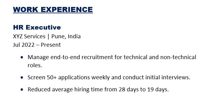 Work Experience Example for Currently working