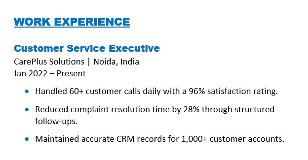 Work Experience Example for Customer Service Representative