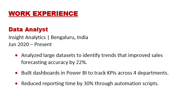 Work Experience Example for Data Analyst